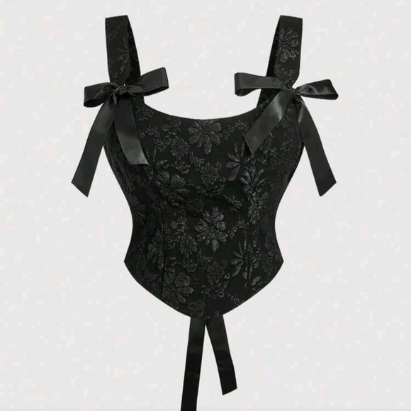 Black Lace Bow-Shoulder Corset Top - Picture 4 of 6